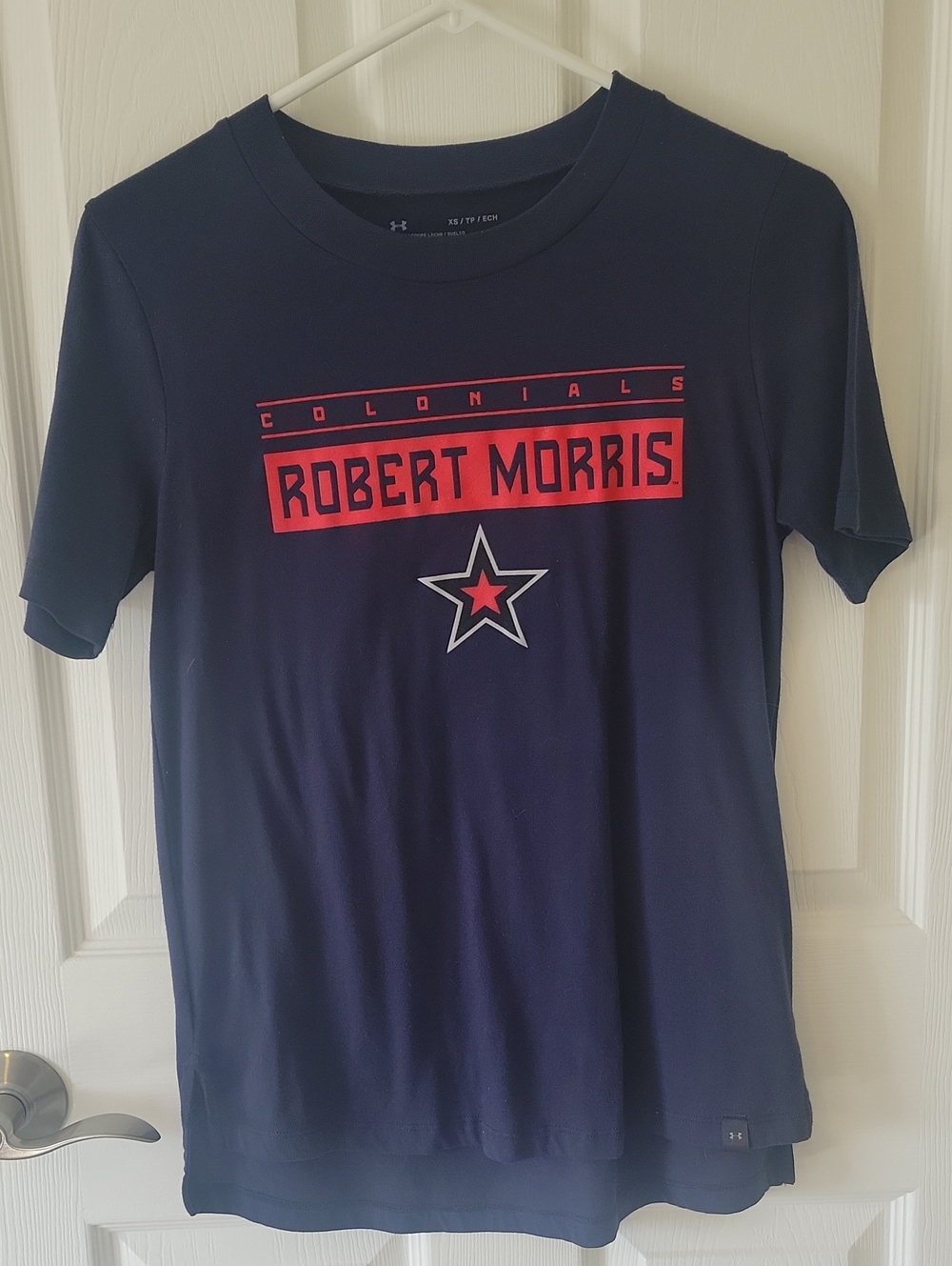 Under Armour Navy Tee with Red Robert Morris Colonials Graphic